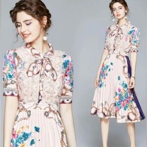 Dahlia Macphee Pink Floral Pleated Midi Dress M Lace Romantic Feminine Victorian